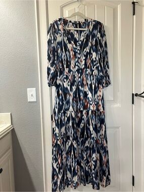 Liverpool Jeans Company Navy, White & Rust Abstract Tiered Maxi Dress